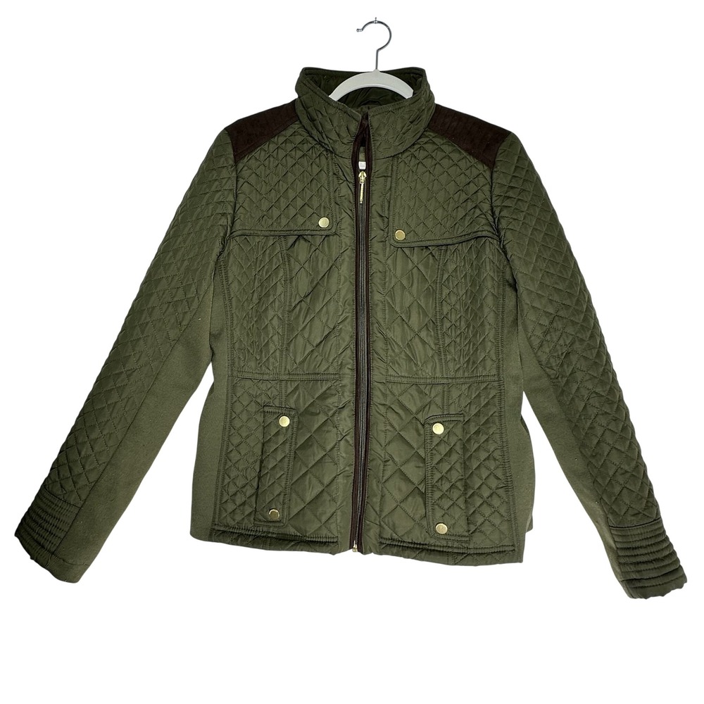 Weatherproof Olive Green Diamond Quilted Barn Jacket Faux Suede Trim Medium